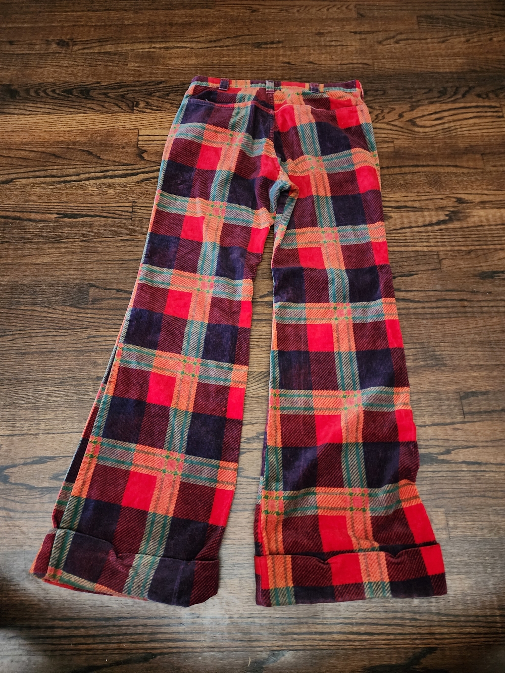 Vintage Lee Plaid Corduroy Flare Pants Cuffed Bell Bottoms High Waist Red Blue